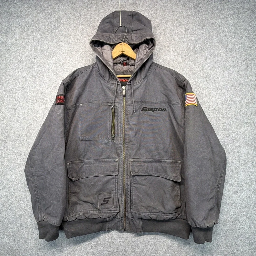 Vintage Snap On Tools Canvas Hooded Full Zip Jacket Black Mens Size XL Heavy
